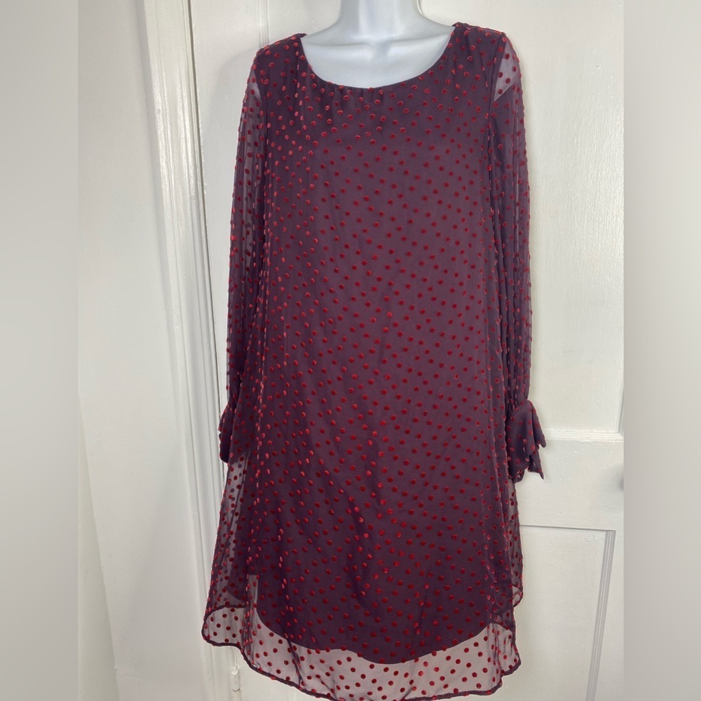 Taylor Burgundy Maroon Red Polka Velvet Dot Long Sleeve Shift Dress